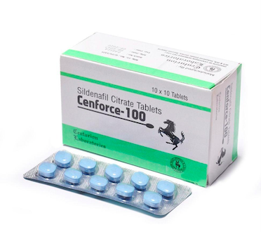 Afbeelding van het doosje en een strip Cenforce 100 mg, een behandeling met sildenafil voor erectiestoornissen.