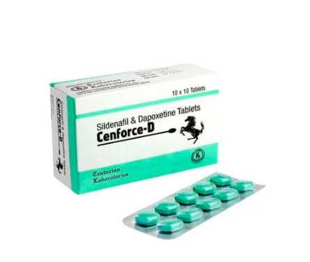 Afbeelding van het doosje en een strip Cenforce-D 160 mg, een combinatie van sildenafil en dapoxetine voor de behandeling van erectiestoornissen en vroegtijdige ejaculatie.