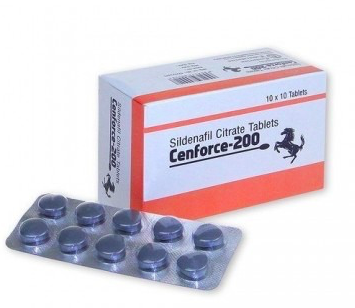 Afbeelding van het doosje en een strip Cenforce 200 mg, een krachtige sildenafil-tablet voor de behandeling van ernstige erectiestoornissen.