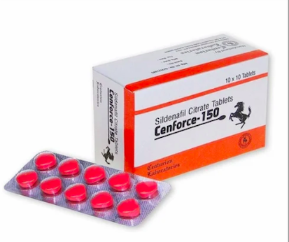 Afbeelding van het doosje en een strip Cenforce 150 mg, een sildenafil-tablet voor de behandeling van erectiestoornissen.