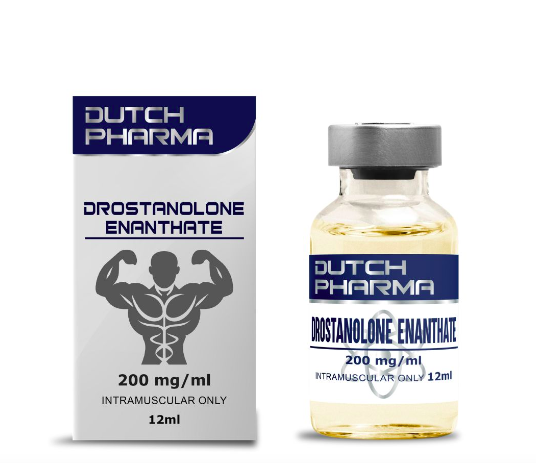 Afbeelding van het doosje en de 12 ml vial Masteron Enanthate, een injecteerbare anabole steroïde voor spierdefinitie en krachtverhoging.