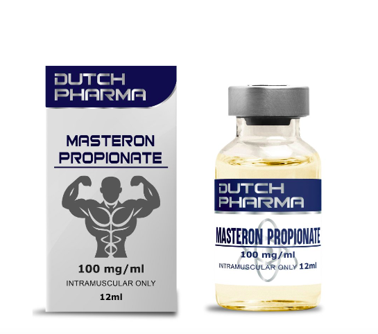 Afbeelding van het doosje en de 12 ml vial Masteron Propionate, een snelwerkende injecteerbare anabole steroïde voor spierverharding en krachttoename.