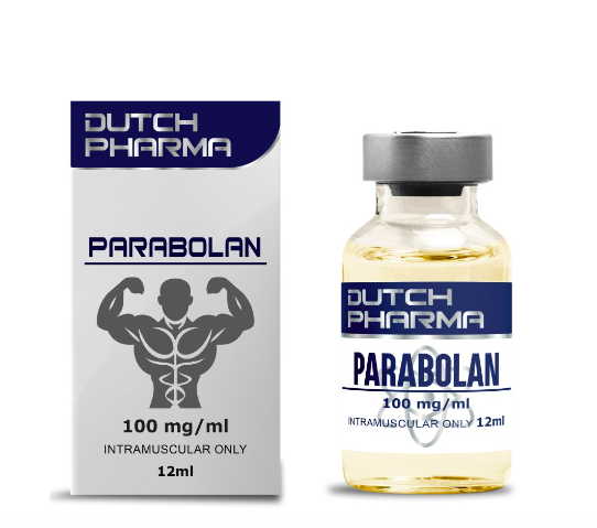 Afbeelding van het doosje en de 12 ml vial Parabolan, een krachtige injecteerbare anabole steroïde voor spiermassa en krachttoename.