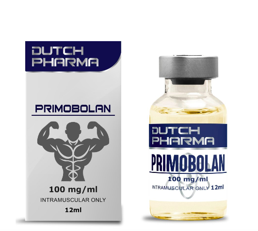 Afbeelding van het doosje en de 12 ml vial Primobolan, een injecteerbare anabole steroïde voor spiergroei en vetverlies zonder vochtretentie.