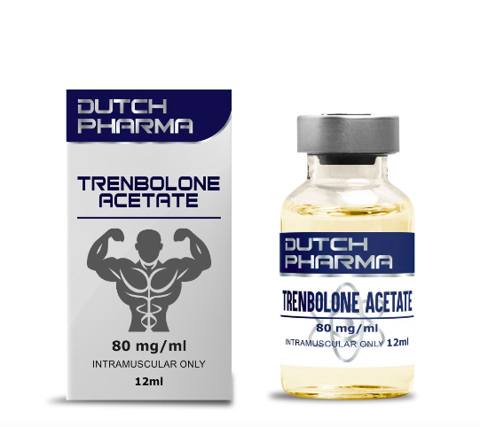 Afbeelding van het doosje en de 12 ml vial Trenbolone Acetate, een snelwerkende injecteerbare anabole steroïde voor spiergroei en vetverlies.