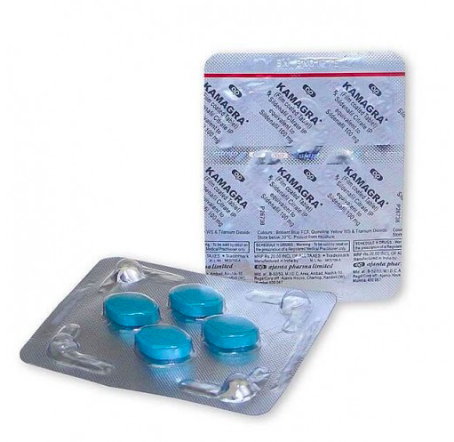 Afbeelding van de verpakking met 2 strips Kamagra 100 mg, een behandeling met sildenafil voor erectiestoornissen.