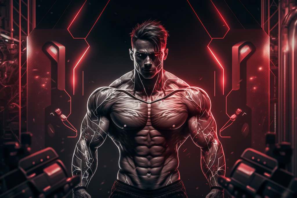 een krachtige bodybuilder in een goed verlichte, moderne gym, strak gespannen spieren in een intense pose, met een opmerkelijke focus op zijn indrukwekkende fysiek en de dynamische sfeer van vastberadenheid en kracht.