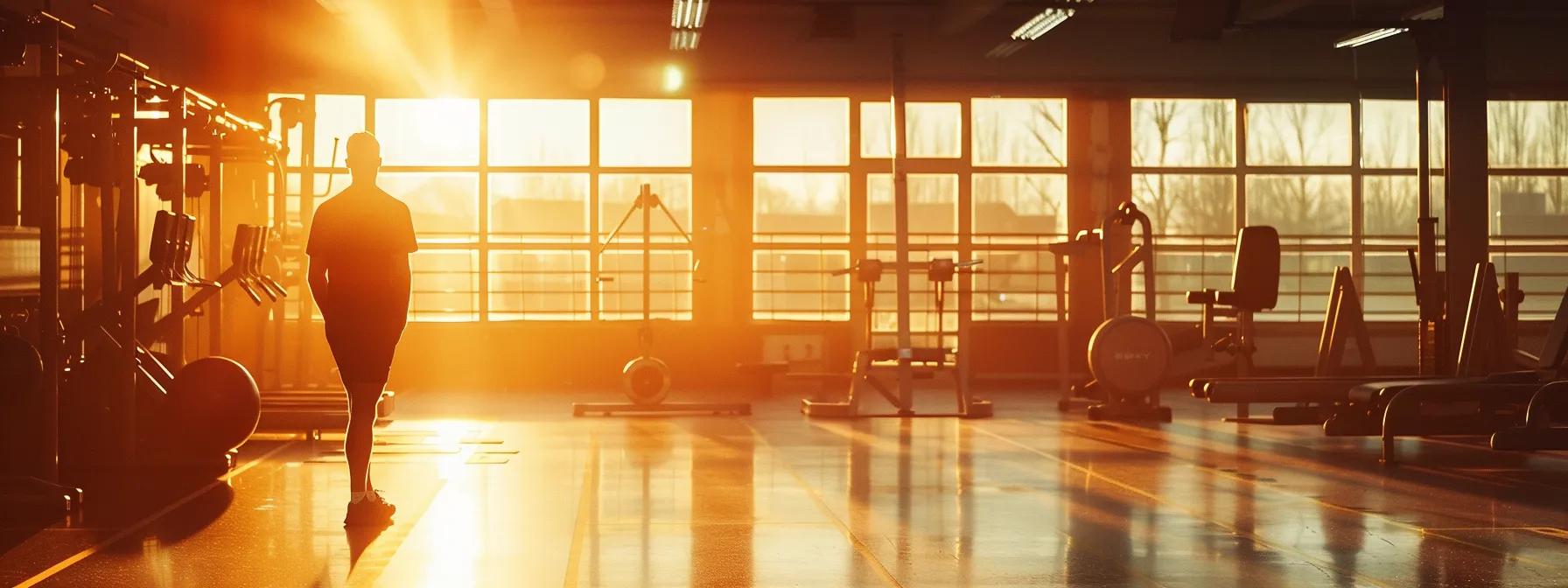 een krachtige atleet poseert in een strak fitnesscentrum, omgeven door gewichthefstangen en weerkaatsend licht, terwijl zijn gespierde silhouette de voordelen van mk677 voor spieropbouw en vetverlies benadrukt.