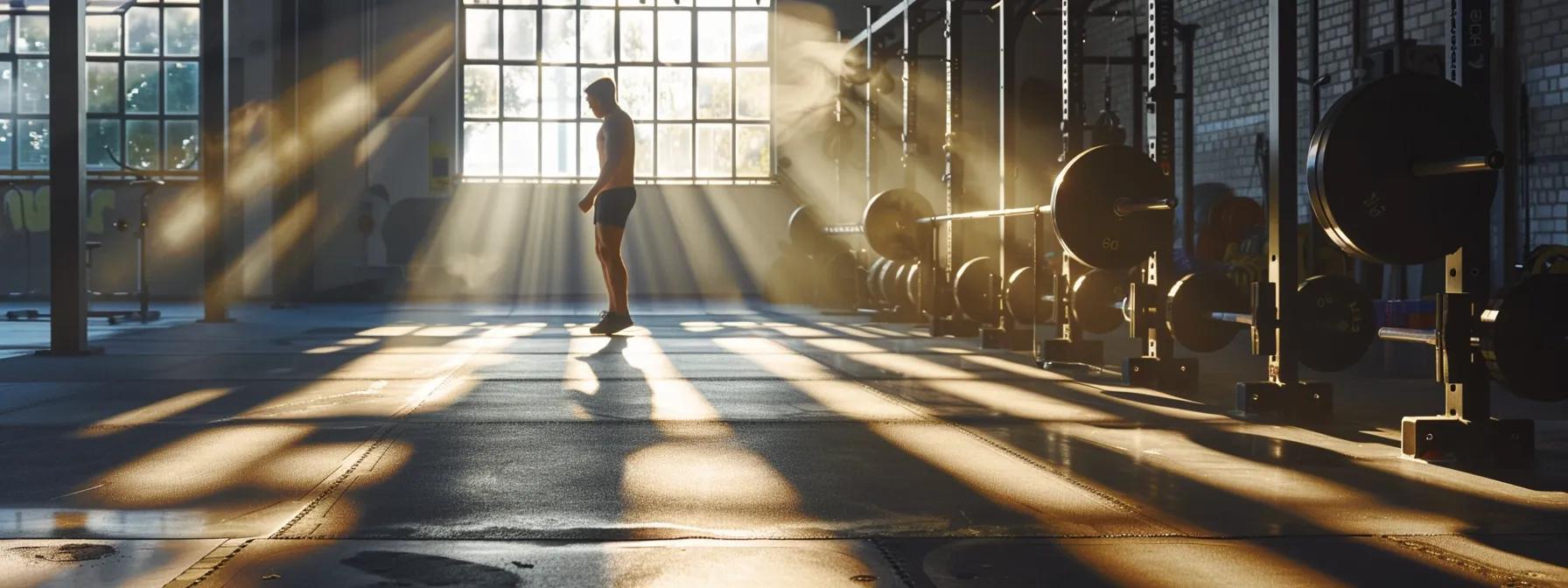 een krachtige en gespierde atleet poseert onder een fel verlichte sportschool, omringd door zware gewichten, waarmee de essentie van spiergroei en toewijding aan fitness wordt vastgelegd.